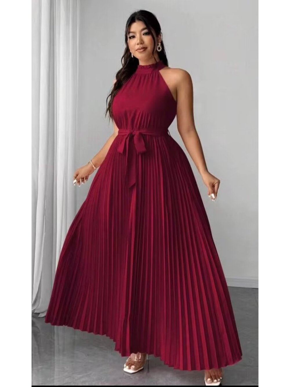 Shein curve burgundy pleated tie waist maxi dress size 1XL